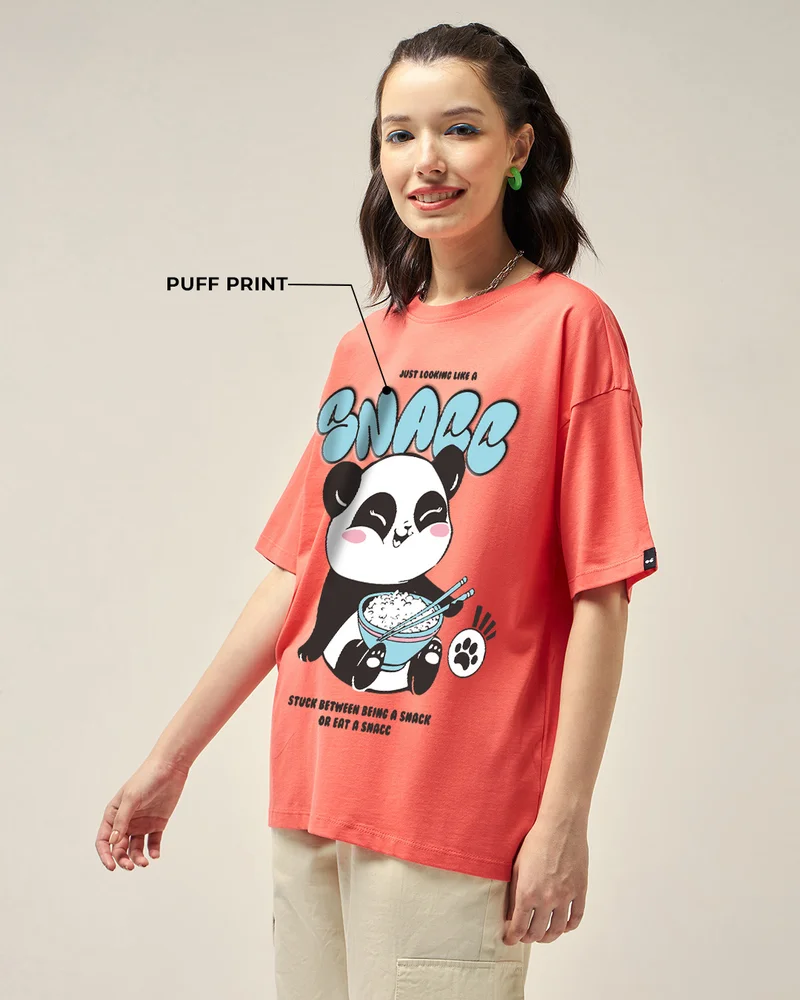 بيواكوف Women's Coral Pink Snacking Graphic Printed Oversized T-shirt